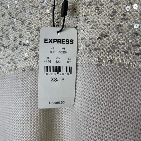 Express Sequined Sheer 3/4 Sleeve Knit Top XS Beige Cream V-Neckline - Picture 6 of 7